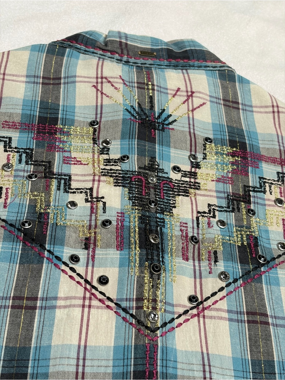 Embellished Plaid Snap-Front Western Shirt in Blue with Cream - Picture 11 of 14